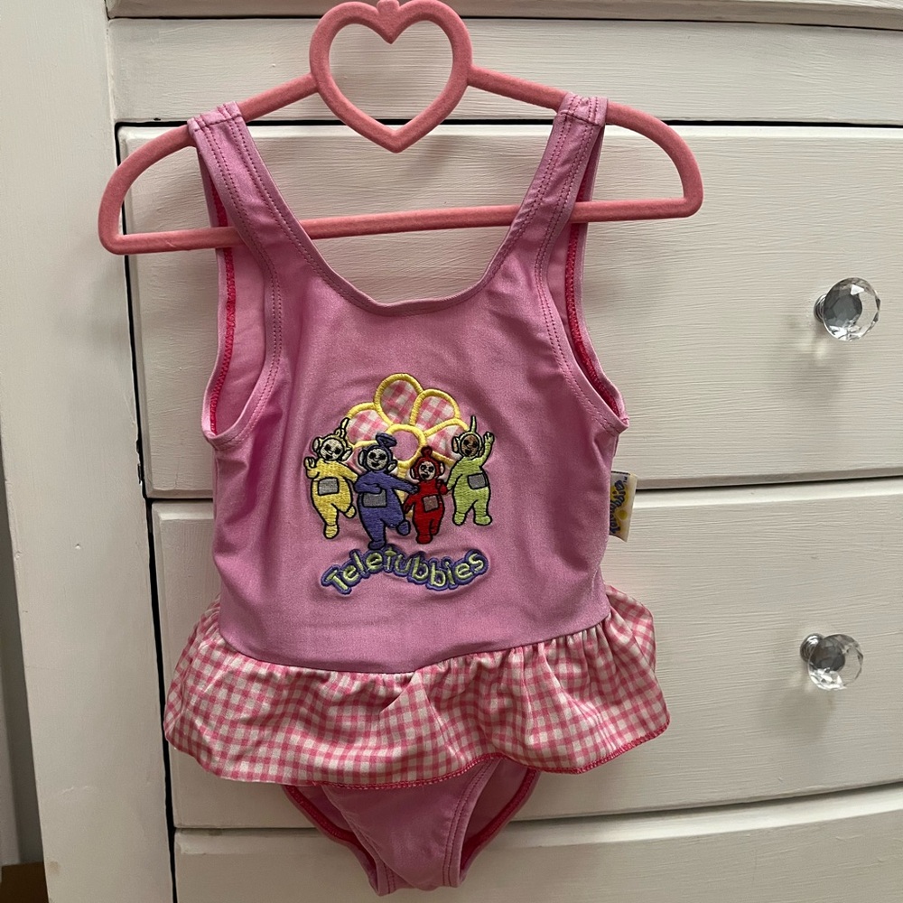 Pink Teletubbies Girls' One-Piece with Gingham Ruffle